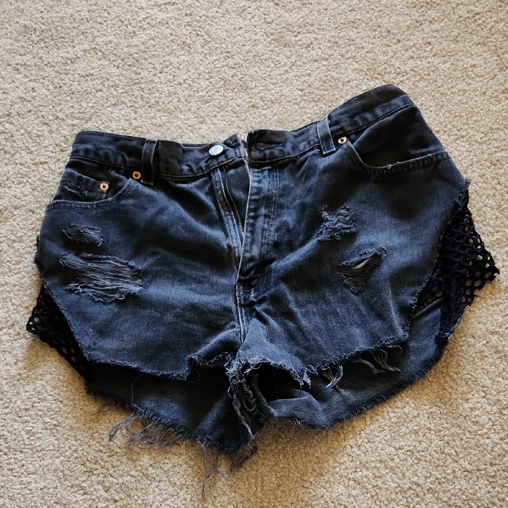 Furst of a Kind Reworked Levi's Dark Denim Distressed Shorts Mesh Sides Sz M